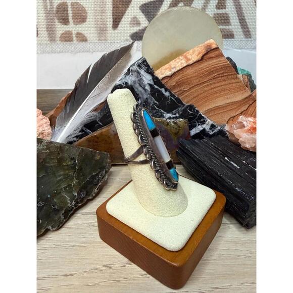 Vintage Inlay Turquoise Onyx Navajo Zuni Sterling Silver Statement Size 7 Ring - Picture 4 of 5